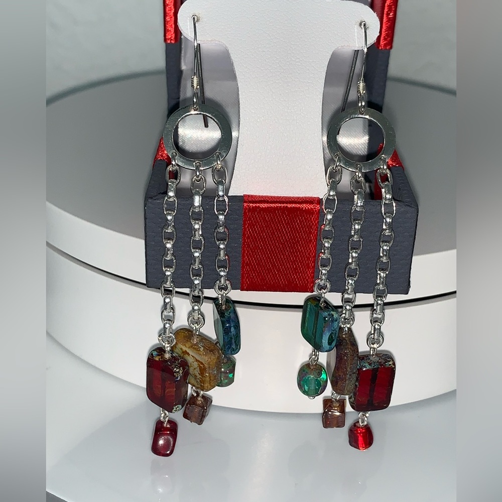 OOAK NWT Sterling Triple Chain Upcycled Vintage Bead Earrings